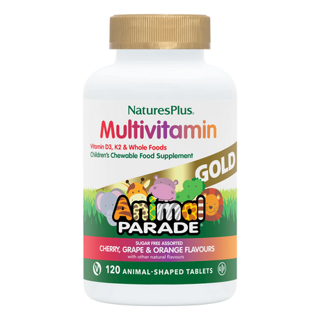 Nature's Plus Animal Parade Gold children's chewable multivitamin 120 assorted tablets with probiotics and Vitamin K2 for immune and bone support.
