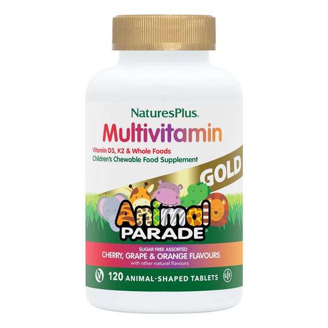 Nature's Plus Animal Parade Gold children's chewable multivitamin 120 assorted tablets with probiotics and Vitamin K2 for immune and bone support.