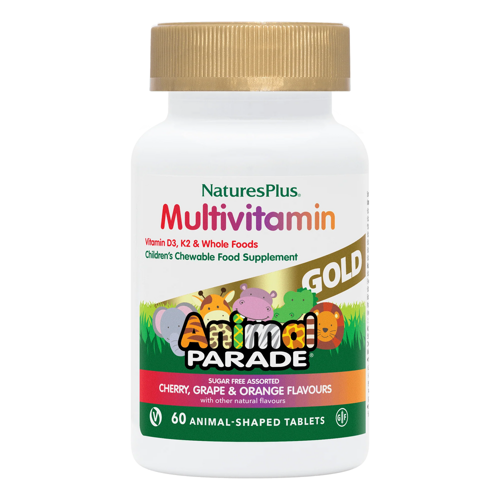 Nature's Plus Animal Parade Gold children's chewable multivitamin 60 assorted fruit tablets with probiotics and Vitamin K2 for immune and bone support.