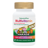 Nature's Plus Animal Parade Gold children's chewable multivitamin 60 assorted fruit tablets with probiotics and Vitamin K2 for immune and bone support.