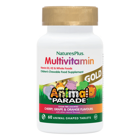 Nature's Plus Animal Parade Gold children's chewable multivitamin 60 assorted fruit tablets with probiotics and Vitamin K2 for immune and bone support.