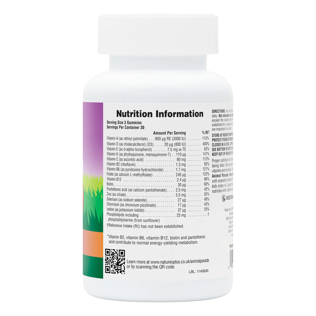 NaturesPlus Animal Parade Multivitamin Gummies 90 count nutritional information and supplement facts panel.