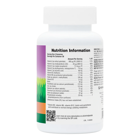 NaturesPlus Animal Parade Multivitamin Gummies 90 count nutritional information and supplement facts panel.