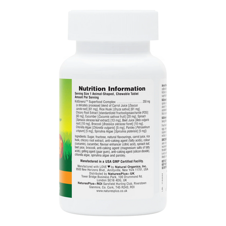 NaturesPlus Animal Parade KidGreenz 90 tablets nutrition information and superfood complex supplement facts.