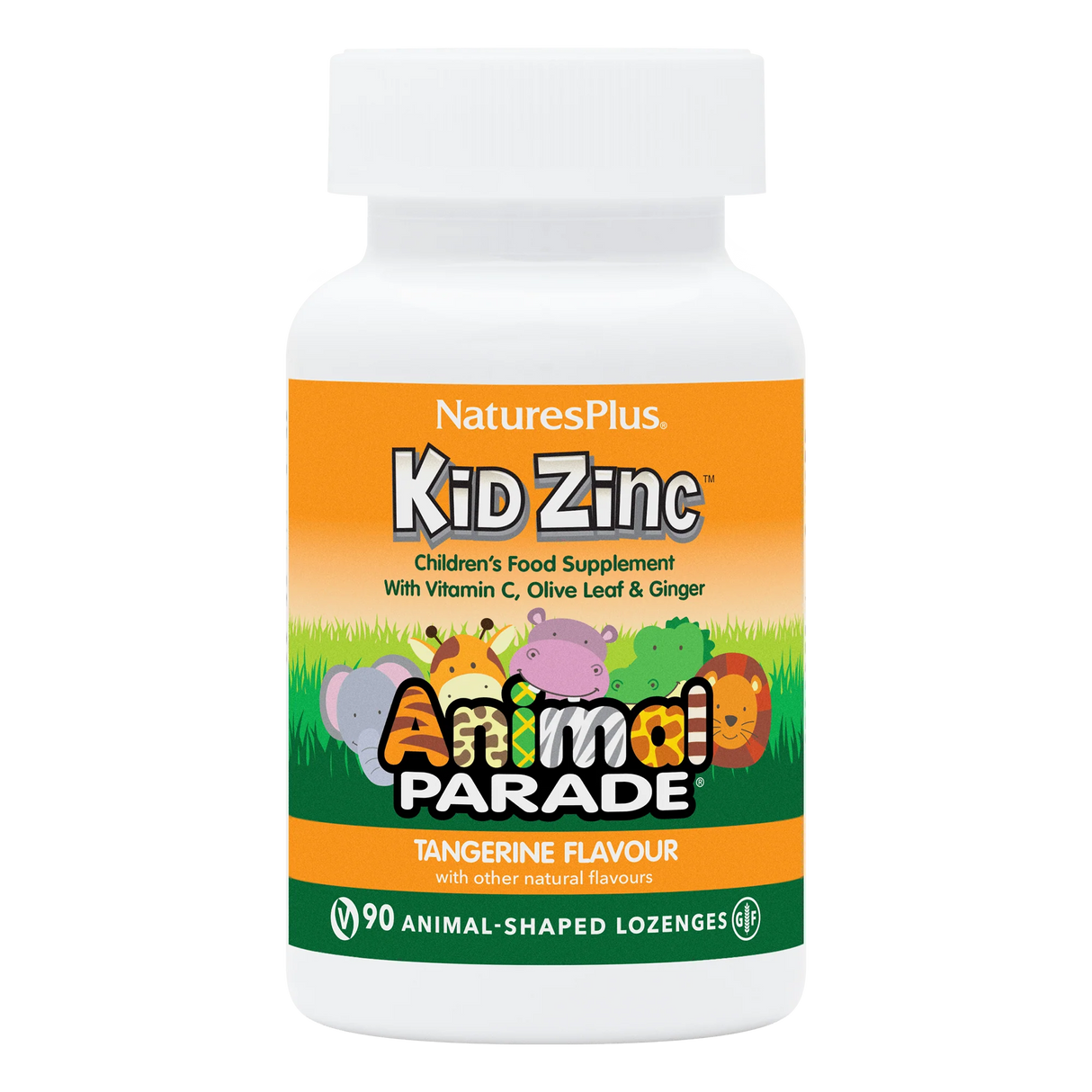 NaturesPlus Kid Zinc Children's Food Supplement bottle with Animal Parade branding on a white background
