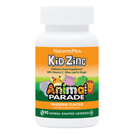 NaturesPlus Kid Zinc Children's Food Supplement bottle with Animal Parade branding on a white background