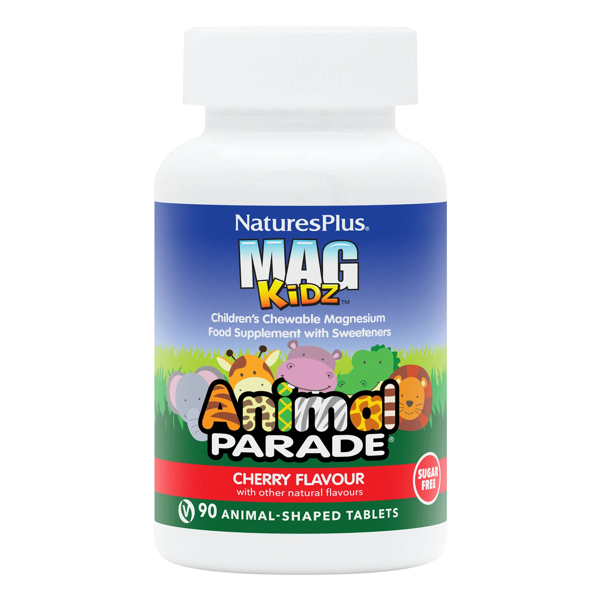 Nature's Plus Animal Parade MagKidz children's chewable magnesium 90 tablets cherry flavour for muscle and nervous system support.