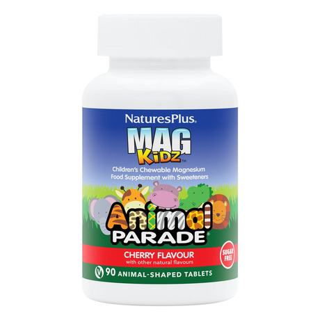 Nature's Plus Animal Parade MagKidz children's chewable magnesium 90 tablets cherry flavour for muscle and nervous system support.