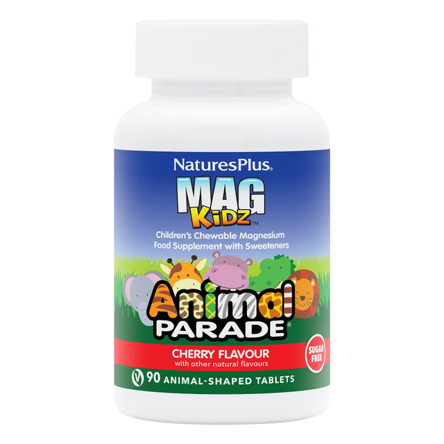 Nature's Plus Animal Parade MagKidz children's chewable magnesium 90 tablets cherry flavour for muscle and nervous system support.