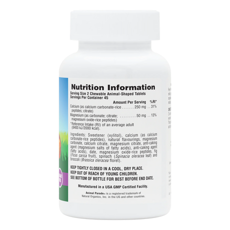 Nutrition information label on a white bottle for Animal Parade chewable calcium and magnesium tablets.