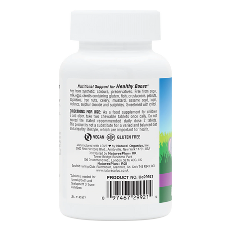 Back label of a white supplement bottle showing directions for use, vegan and gluten-free icons, and a barcode.