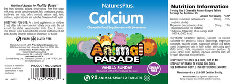Full flat label for NaturesPlus Animal Parade Calcium Vanilla Sundae chewable tablets, showing nutrition facts, ingredients, and directions for use.