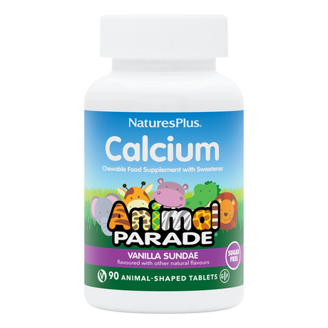 Nature's Plus Animal Parade sugar-free children's chewable calcium 90 tablets vanilla sundae flavour for bone and dental health.