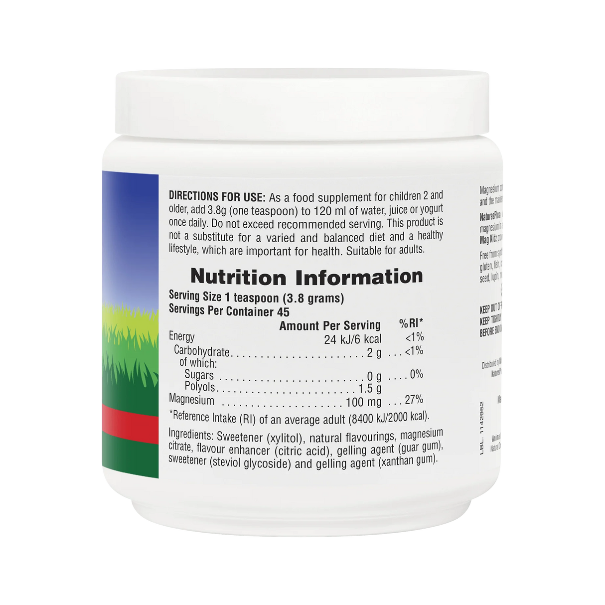 NaturesPlus Animal Parade MagKidz cherry flavored powder nutritional information and supplement facts label.