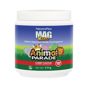Nature's Plus Animal Parade MagKidz children's magnesium powder, sugar-free cherry flavour for muscle and nervous system support.
