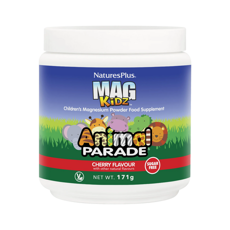 Nature's Plus Animal Parade MagKidz children's magnesium powder, sugar-free cherry flavour for muscle and nervous system support.
