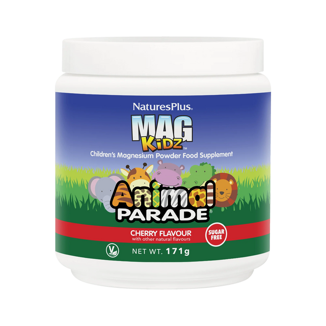 Nature's Plus Animal Parade MagKidz children's magnesium powder, sugar-free cherry flavour for muscle and nervous system support.