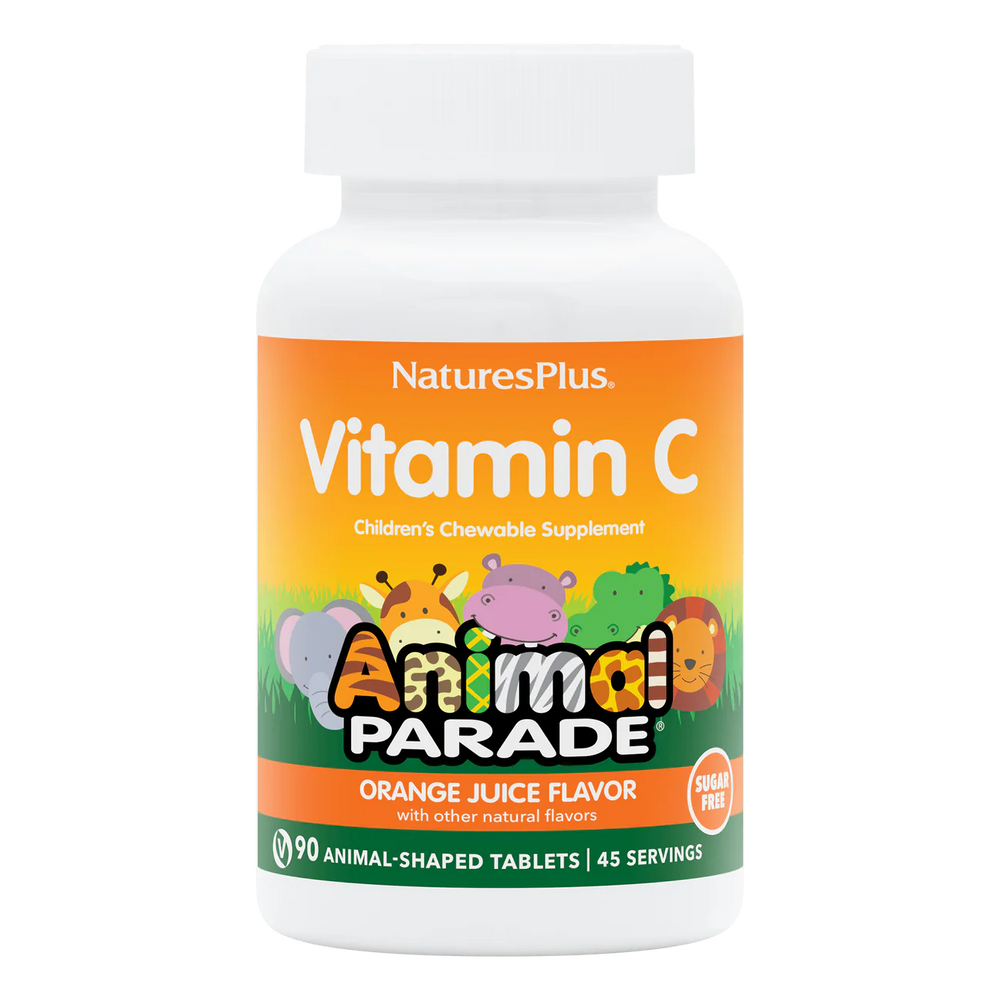 Nature's Plus Animal Parade sugar-free children's Vitamin C chewable 90 tablets orange flavour with bioflavonoids for immune and antioxidant support.