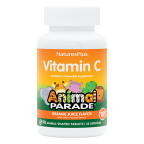 Nature's Plus Animal Parade sugar-free children's Vitamin C chewable 90 tablets orange flavour with bioflavonoids for immune and antioxidant support.