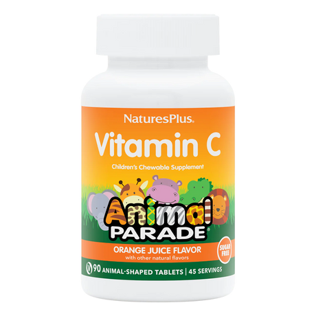 Nature's Plus Animal Parade sugar-free children's Vitamin C chewable 90 tablets orange flavour with bioflavonoids for immune and antioxidant support.