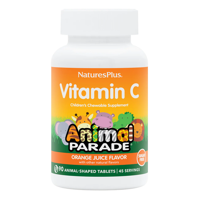 Nature's Plus Animal Parade sugar-free children's Vitamin C chewable 90 tablets orange flavour with bioflavonoids for immune and antioxidant support.