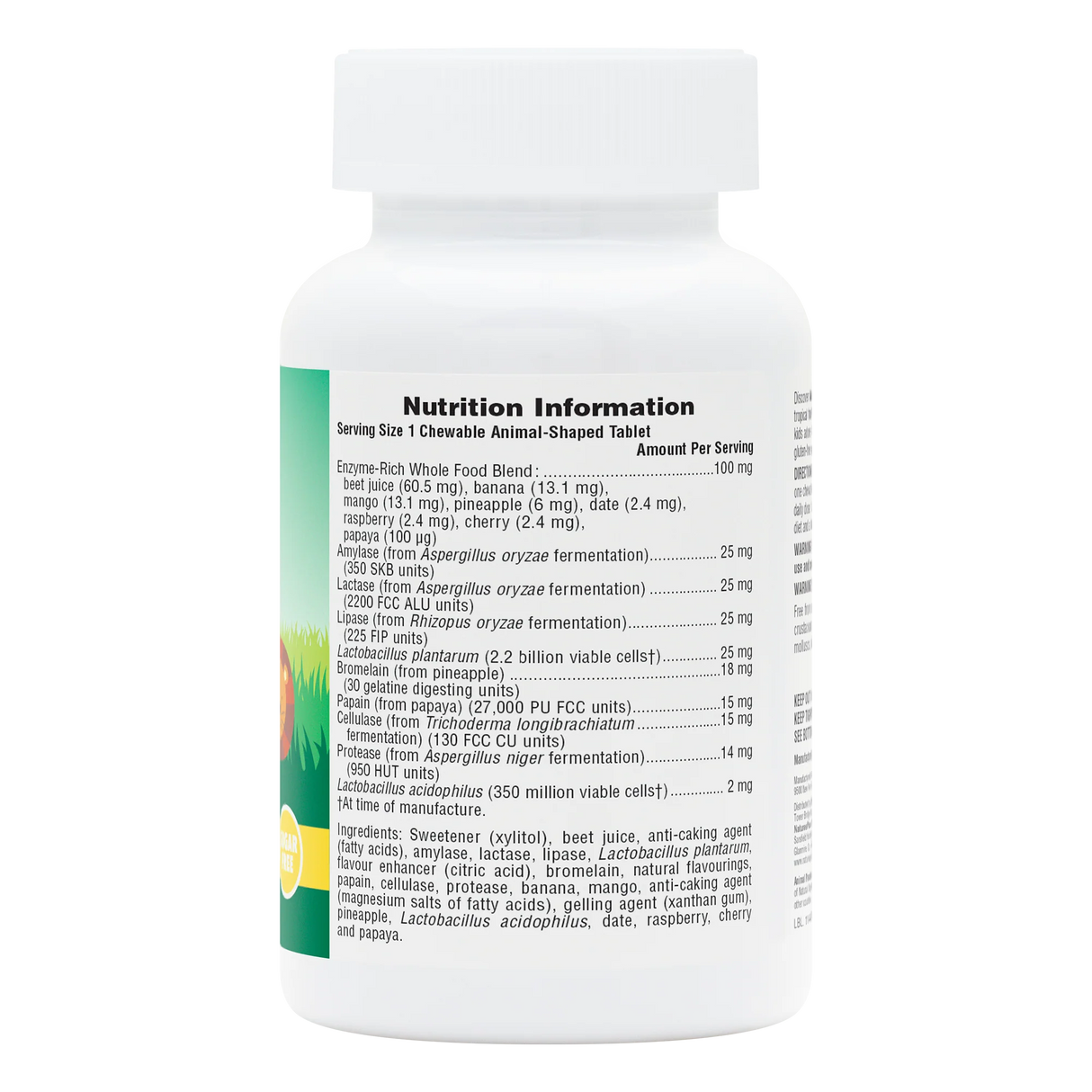 NaturesPlus Animal Parade TummyZyme 90 tablets nutrition information and digestive enzyme supplement facts.