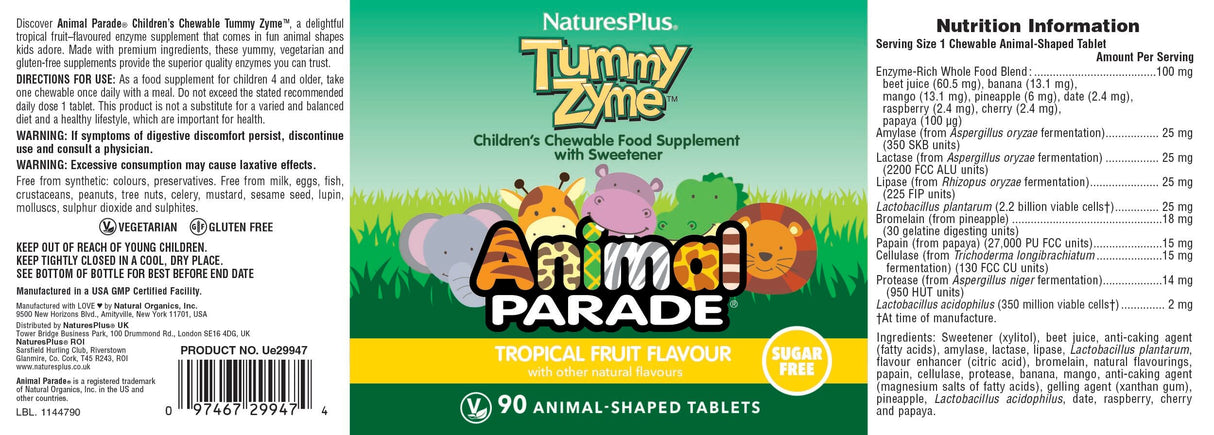 NaturesPlus Animal Parade TummyZyme 90 tropical fruit flavor chewable tablets full label with nutrition facts and directions.