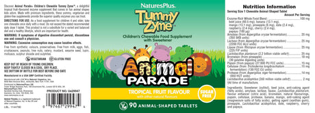 NaturesPlus Animal Parade TummyZyme 90 tropical fruit flavor chewable tablets full label with nutrition facts and directions.