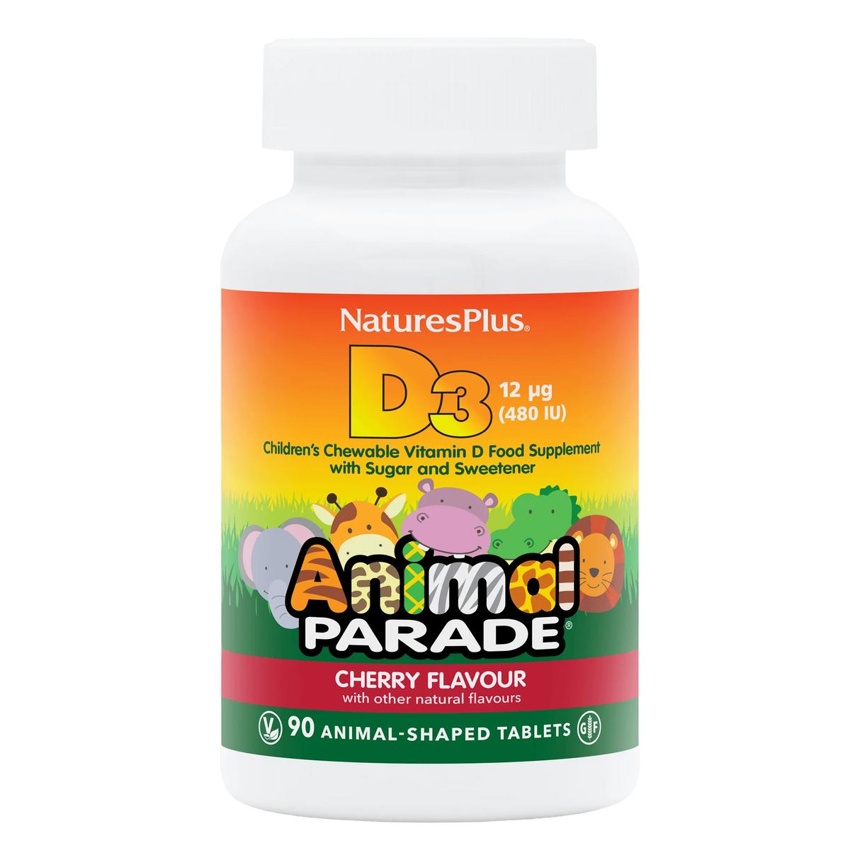 Nature's Plus Animal Parade children's Vitamin D3 chewable tablets 500 IU black cherry flavour for immune and bone support.