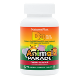 Nature's Plus Animal Parade children's Vitamin D3 chewable tablets 500 IU black cherry flavour for immune and bone support.