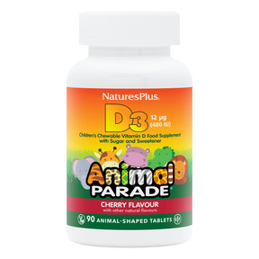 Nature's Plus Animal Parade children's Vitamin D3 chewable tablets 500 IU black cherry flavour for immune and bone support.