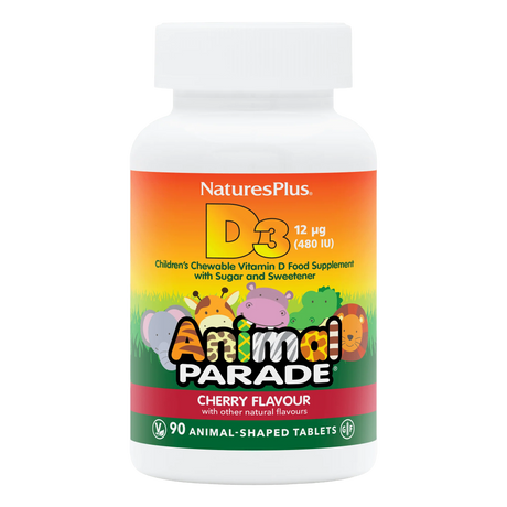 Nature's Plus Animal Parade children's Vitamin D3 chewable tablets 500 IU black cherry flavour for immune and bone support.