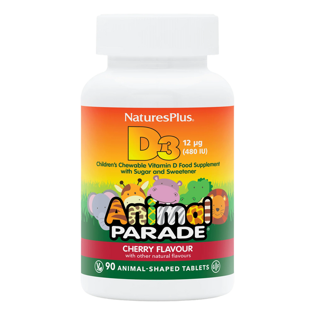 Nature's Plus Animal Parade children's Vitamin D3 chewable tablets 500 IU black cherry flavour for immune and bone support.