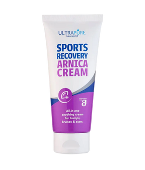A white squeeze tube of ULTRAPURE Laboratories Sports Recovery Arnica Cream with purple and blue branding, labeled as an all-in-one soothing cream for bumps, bruises, and scars.