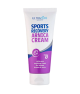 A white squeeze tube of ULTRAPURE Laboratories Sports Recovery Arnica Cream with purple and blue branding, labeled as an all-in-one soothing cream for bumps, bruises, and scars.