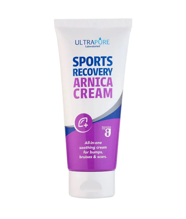A white squeeze tube of ULTRAPURE Laboratories Sports Recovery Arnica Cream with purple and blue branding, labeled as an all-in-one soothing cream for bumps, bruises, and scars.