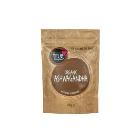 A 250g brown paper pouch of True Organic Ashwagandha featuring a dark brown circular label and botanical illustrations.