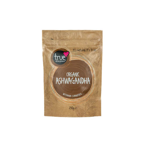 A 250g brown paper pouch of True Organic Ashwagandha featuring a dark brown circular label and botanical illustrations.