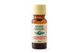 A 10ml amber glass bottle of Atlantic Aromatics Lavender Oil AOP (Appellation d'Origine Protégée) with a cream-colored ribbed cap on a white background.