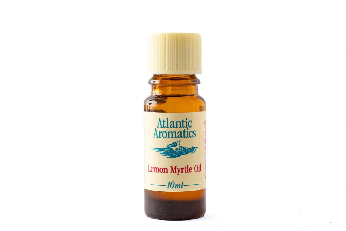 A 10ml amber glass bottle of Atlantic Aromatics Lemon Myrtle Oil with a cream-colored ribbed cap on a white background.