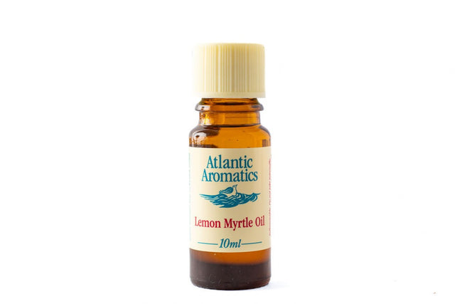 A 10ml amber glass bottle of Atlantic Aromatics Lemon Myrtle Oil with a cream-colored ribbed cap on a white background.