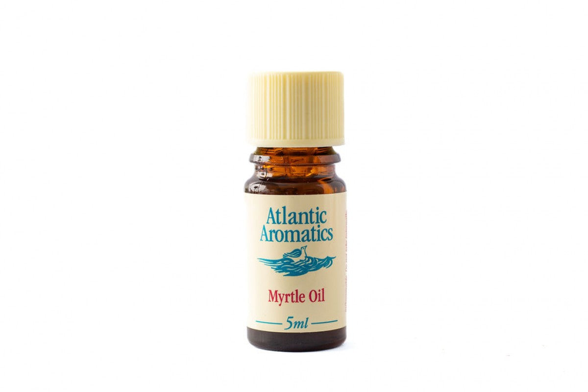 A 5ml amber glass bottle of Atlantic Aromatics Myrtle Oil with a cream label and a ribbed beige cap.