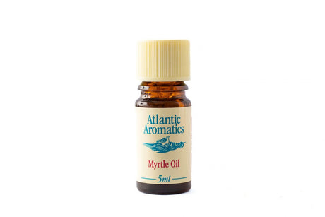 A 5ml amber glass bottle of Atlantic Aromatics Myrtle Oil with a cream label and a ribbed beige cap.