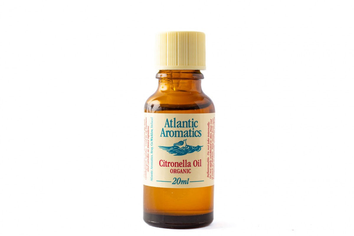 A 20ml amber glass bottle of Atlantic Aromatics Organic Citronella Oil with a cream-colored ribbed cap on a white background.
