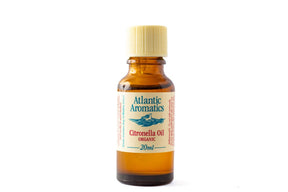 A 20ml amber glass bottle of Atlantic Aromatics Organic Citronella Oil with a cream-colored ribbed cap on a white background.
