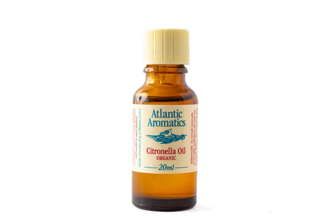 A 20ml amber glass bottle of Atlantic Aromatics Organic Citronella Oil with a cream-colored ribbed cap on a white background.