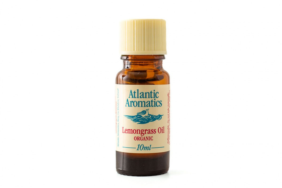 A 10ml amber glass bottle of Atlantic Aromatics Organic Lemongrass Oil with a cream-colored ribbed cap on a white background.