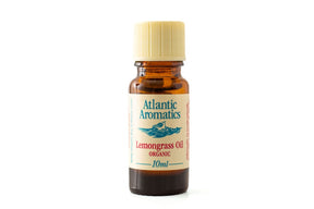 A 10ml amber glass bottle of Atlantic Aromatics Organic Lemongrass Oil with a cream-colored ribbed cap on a white background.