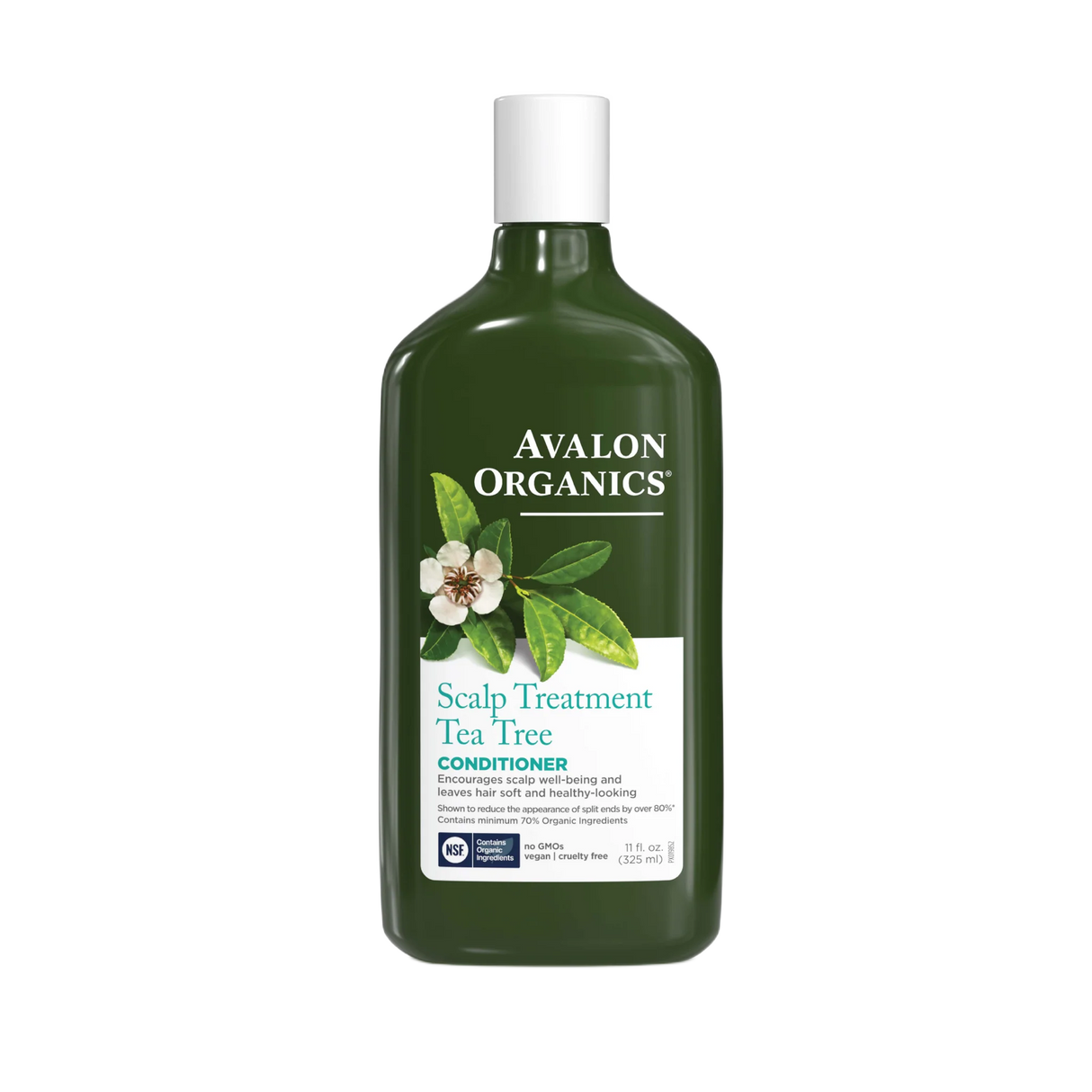 Avalon Organics Scalp Treatment Tea Tree Conditioner bottle with tea tree leaf illustration.