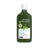 Avalon Organics Scalp Treatment Tea Tree Conditioner bottle with tea tree leaf illustration.